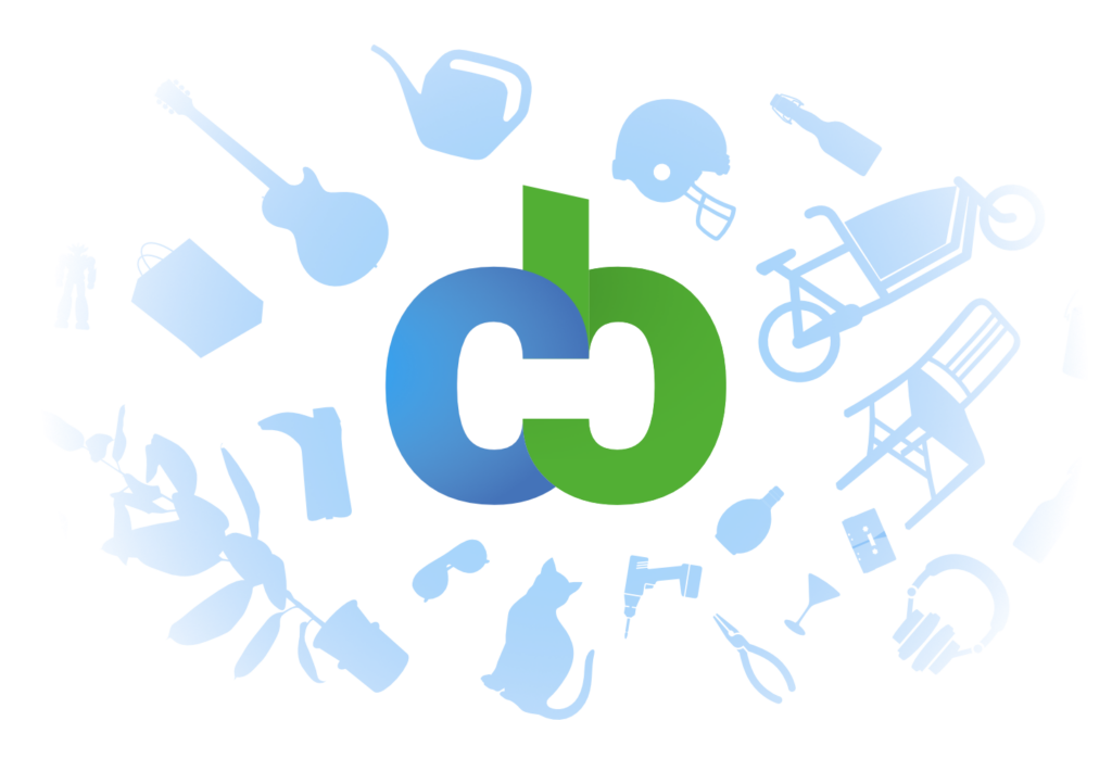 Grafik: CommonsBooking Logo umgeben von verleihbaren Gegenständen