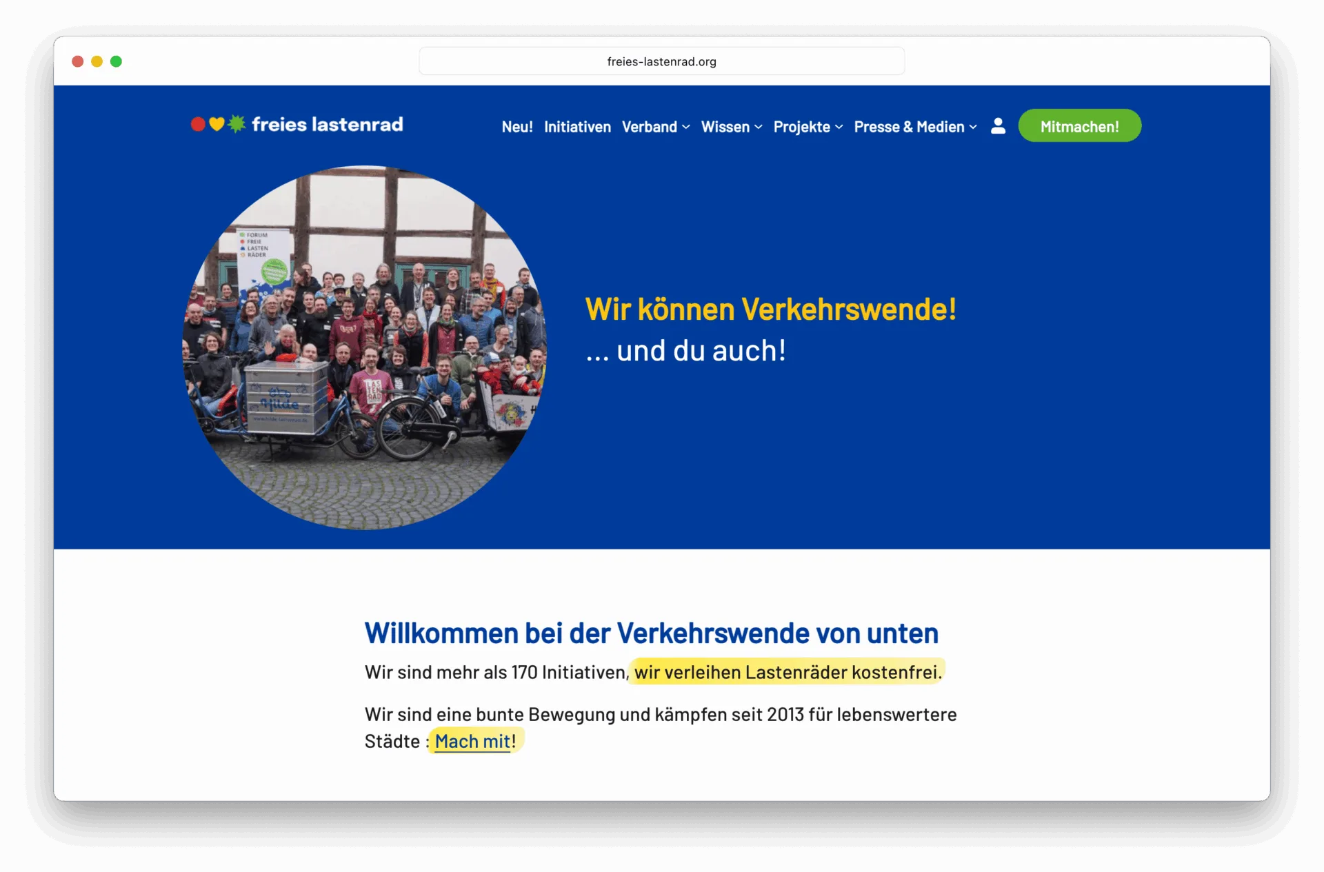 Screenshot der Website "freies-lastenrad.org"